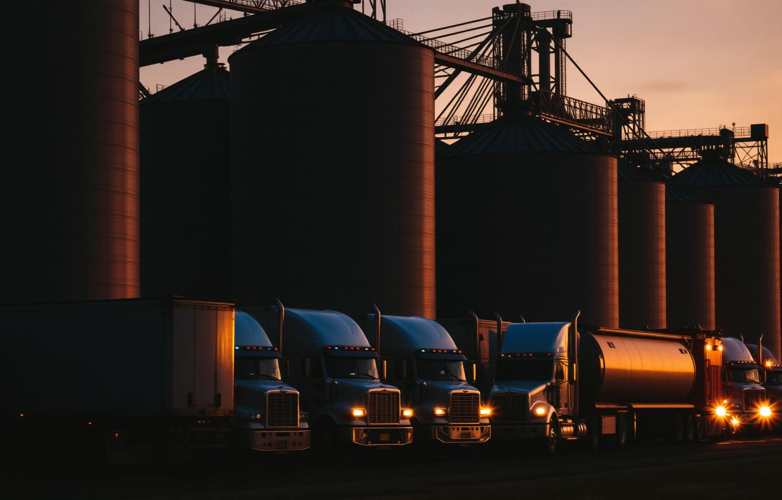 Frota de caminhões em silos ao entardecer